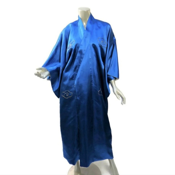 Vtg Cobalt Blue Satin Sea Serpent Landscape Embroidered‎ Kimono Fully Lined - Picture 2 of 12